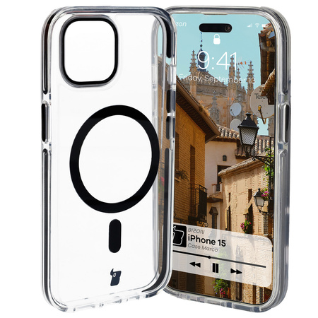 Etui z pierścieniem magnetycznym Bizon Case Marco do iPhone 15, przezroczyste z czarną ramką
