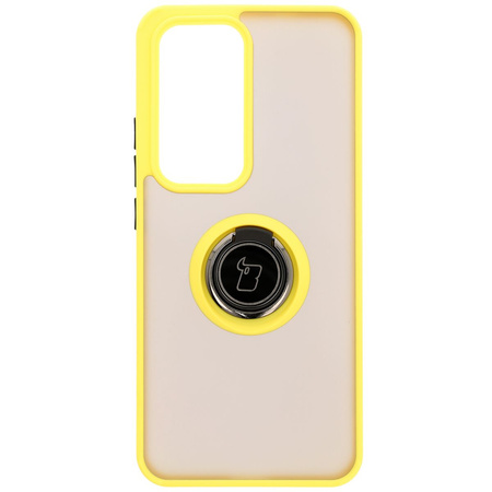 Etui z uchwytem na palec Bizon Case Hybrid Ring do Oppo Reno 12, przydymione z żółtą ramką