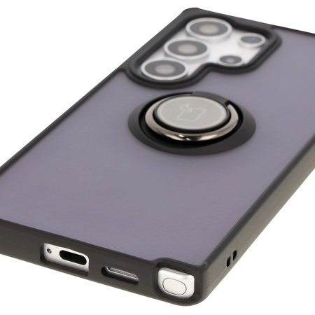Etui z uchwytem na palec Bizon Case Hybrid Ring do Galaxy S25 Ultra, przydymione z czarną ramką