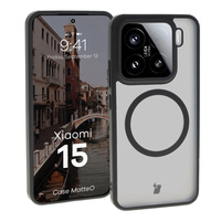Etui z pierścieniem magnetycznym Bizon Case MatteO do Xiaomi 15, półprzezroczyste z czarną ramką