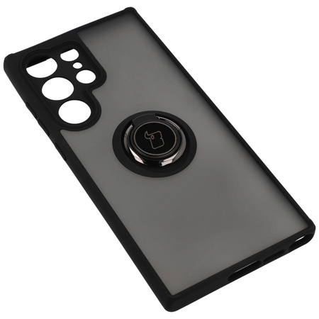 Etui z uchwytem na palec Bizon Case Hybrid Ring do Galaxy S23 Ultra, przydymione z czarną ramką