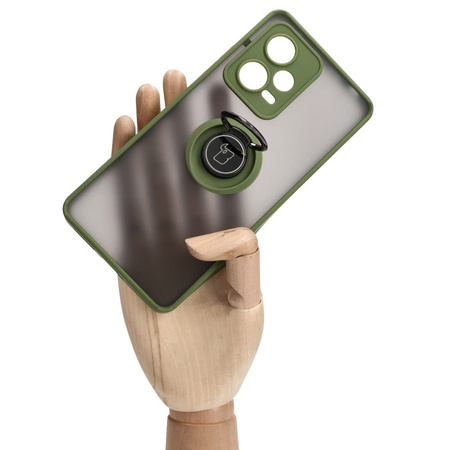 Etui z uchwytem na palec Bizon Case Hybrid Ring do Xiaomi Redmi Note 12 Pro+ 5G, przydymione z zieloną ramką