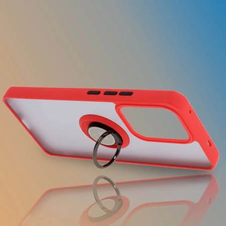 Etui z uchwytem na palec Bizon Case Hybrid Ring do Oppo Reno13 F / FS, przydymione z czerwoną ramką