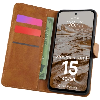 Etui z klapką Bizon Case Pocket do Xiaomi Redmi 15 4G / 5G, brązowe