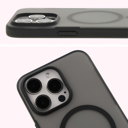 Etui z pierścieniem magnetycznym Bizon Case MatteO do iPhone 15 Pro Max, półprzezroczyste z czarną ramką