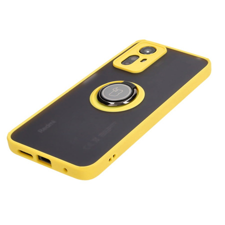 Etui z uchwytem na palec Bizon Case Hybrid Ring do Xiaomi Redmi Note 12S, przydymione z żółtą ramką