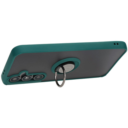 Etui z uchwytem na palec Bizon Case Hybrid Ring do Galaxy S24 FE, przydymione z ciemnozieloną ramką