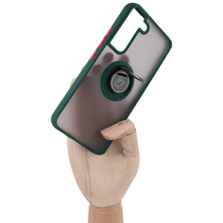 Etui z uchwytem na palec Bizon Case Hybrid Ring do Galaxy S22, przydymione z ciemnozieloną ramką