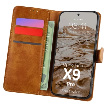 Etui z klapką Bizon Case Pocket do Oppo Find X9 Pro, brązowe