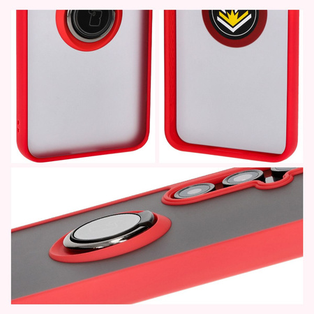 Etui z uchwytem na palec Bizon Case Hybrid Ring do Galaxy S24 FE, przydymione z czerwoną ramką