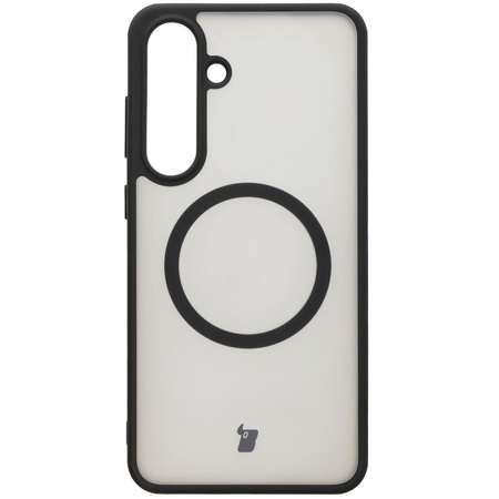 Etui z pierścieniem magnetycznym Bizon Case MatteO do Galaxy S25 Plus, półprzezroczyste z czarną ramką