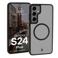 Etui z pierścieniem magnetycznym Bizon Case MatteO do Galaxy S24 Plus, półprzezroczyste z czarną ramką
