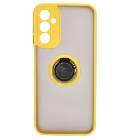 Etui z uchwytem na palec Bizon Case Hybrid Ring do Galaxy A14 4G / 5G, przydymione z żółtą ramką