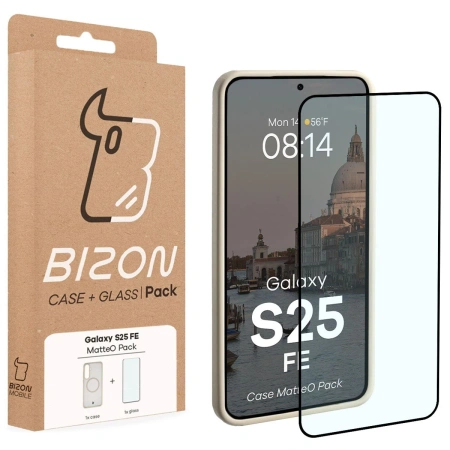 Etui z pierścieniem magnetycznym + szkło hartowane Bizon MatteO Pack do Galaxy S25 FE, przydymione-beżowe
