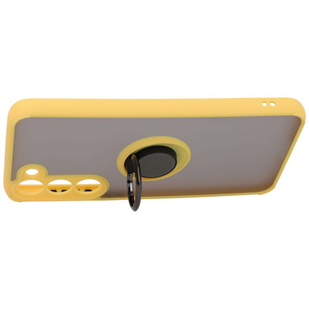 Etui z uchwytem na palec Bizon Case Hybrid Ring do Galaxy S23 Plus, przydymione z żółtą ramką