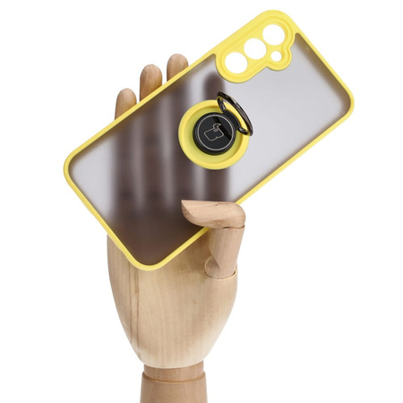 Etui z uchwytem na palec Bizon Case Hybrid Ring do Galaxy A24 4G, przydymione z żółtą ramką