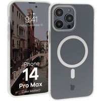 Etui z pierścieniem magnetycznym Bizon Case MatteO do iPhone 14 Pro Max, półprzezroczyste z przezroczystą ramką
