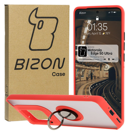 Etui z uchwytem na palec Bizon Case Hybrid Ring do Motorola Edge 50 Ultra, przydymione z czerwoną ramką