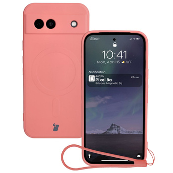 Silikonowe etui z pierścieniem magnetycznym Bizon Case Silicone Magnetic Sq do Google Pixel 8a, brudnoróżowe