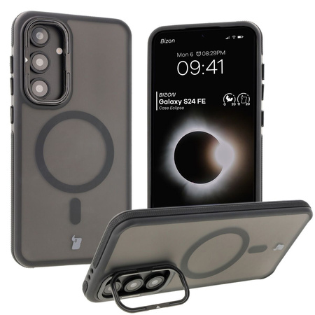 Etui z podstawką i pierścieniem magnetycznym Bizon Case Eclipse do Galaxy S24 FE, przydymione z czarną ramką