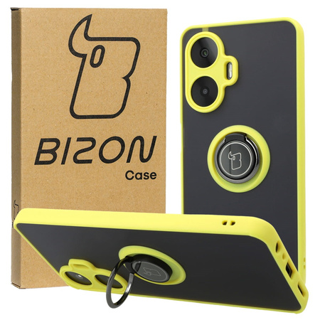 Etui z uchwytem na palec Bizon Case Hybrid Ring do Realme C55, przydymione z żółtą ramką