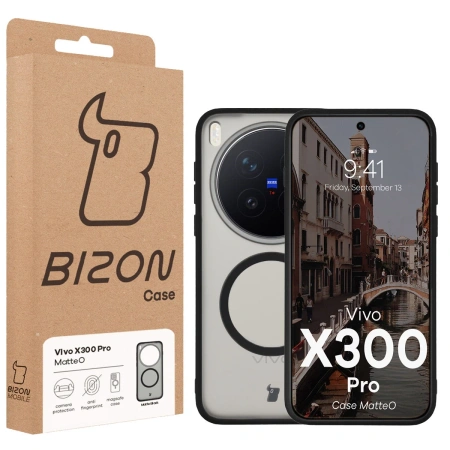 Etui z pierścieniem magnetycznym Bizon Case MatteO do Vivo X300 Pro, przydymione-czarne
