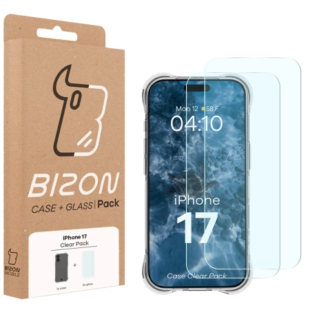 Elastyczne etui + 2x szkło hartowane Bizon Case Clear Pack do iPhone 17