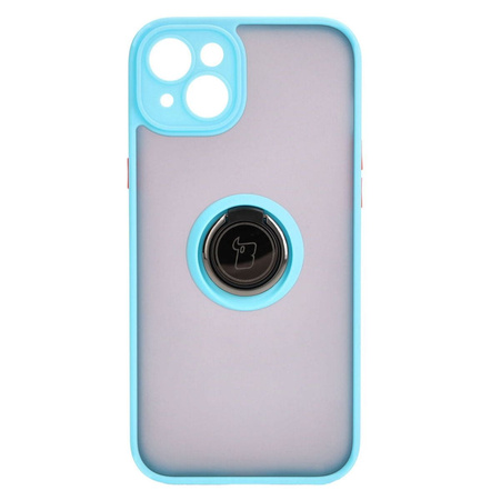 Etui z uchwytem na palec Bizon Case Hybrid Ring do iPhone 15 Plus, przydymione z jasnoniebieską ramką