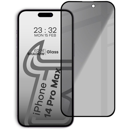 Prywatyzujące szkło hartowane Bizon Glass Edge Shadow do iPhone 14 Pro Max, przyciemniane z czarną ramką
