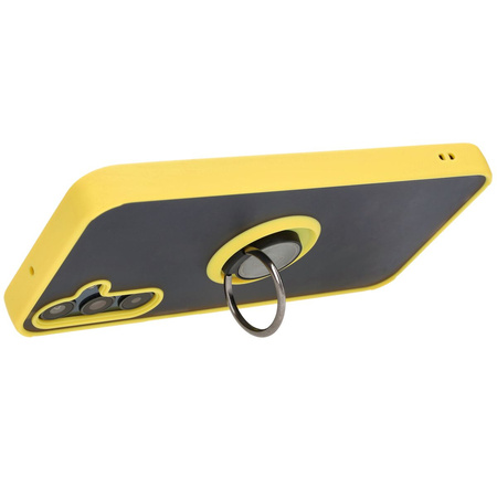 Etui z uchwytem na palec Bizon Case Hybrid Ring do Galaxy M15 5G, przydymione z żółtą ramką