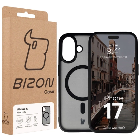 Etui z pierścieniem magnetycznym Bizon Case MatteO do iPhone 17, przydymione-czarne