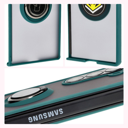 Etui z uchwytem na palec Bizon Case Hybrid Ring do Galaxy Z Fold6, przydymione z ciemnozieloną ramką