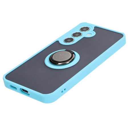 Etui z uchwytem na palec Bizon Case Hybrid Ring do Galaxy S25 / S24, przydymione z jasnoniebieską ramką