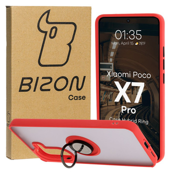 Etui z uchwytem na palec Bizon Case Hybrid Ring do Xiaomi Poco X7 Pro, przydymione z czerwoną ramką