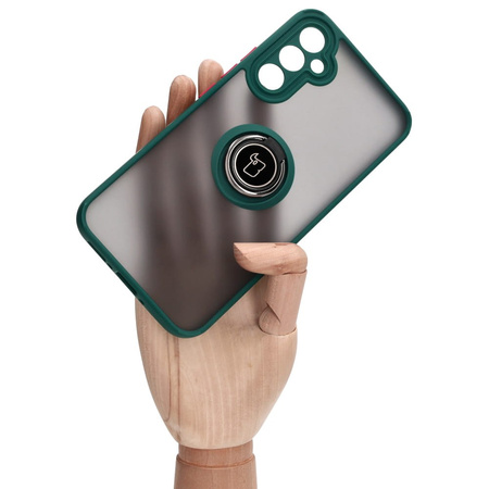 Etui z uchwytem na palec Bizon Case Hybrid Ring do Galaxy A34 5G, przydymione z ciemnozieloną ramką