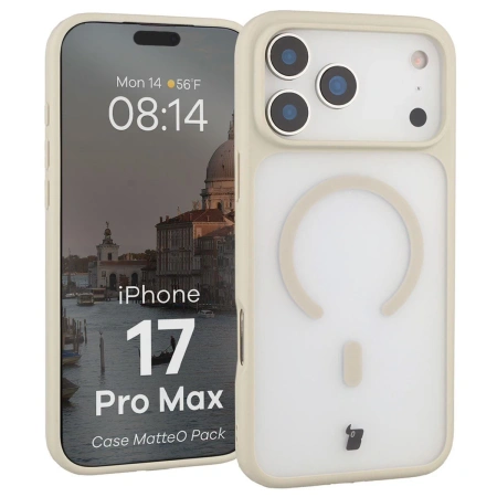 Etui z pierścieniem magnetycznym + szkło hartowane Bizon MatteO Pack do iPhone 17 Pro Max, przydymione-beżowe
