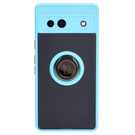 Etui z uchwytem na palec Bizon Case Hybrid Ring do Google Pixel 7A, przydymione z jasnoniebieską ramką