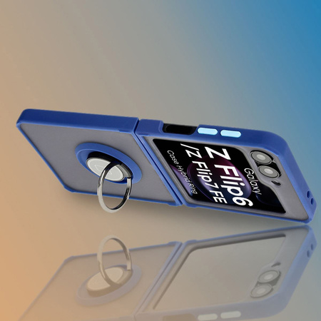 Etui z uchwytem na palec Bizon Case Hybrid Ring do Galaxy Z Flip7 FE / Z Flip6, przydymione z granatową ramką