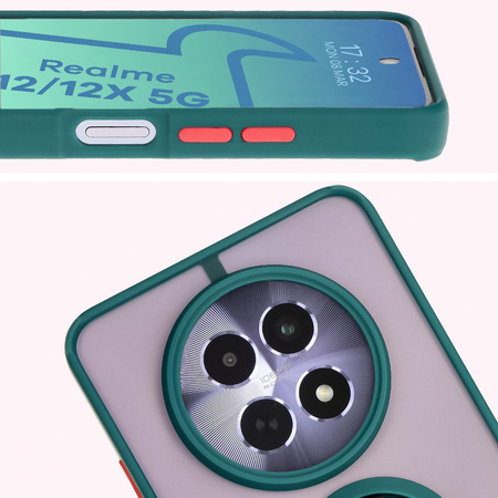 Etui z uchwytem na palec Bizon Case Hybrid Ring do Realme 12 / 12x, przydymione z ciemnozieloną ramką