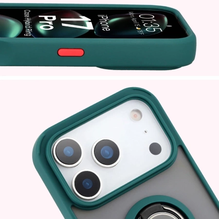 Etui z uchwytem na palec Bizon Case Hybrid Ring do iPhone 17 Pro, przydymione z ciemnozieloną ramką