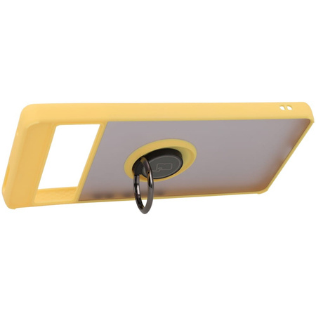 Etui z uchwytem na palec Bizon Case Hybrid Ring do Google Pixel 7 Pro, przydymione z żółtą ramką
