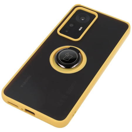 Etui z uchwytem na palec Bizon Case Hybrid Ring do Xiaomi 12T / 12T Pro, przydymione z żółtą ramką