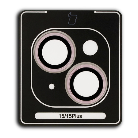 Szkło na aparat z aplikatorem Bizon Glass Snap Lens do iPhone 15/15 Plus, 1 zestaw, jasnoróżowa ramka