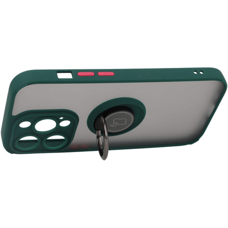 Etui z uchwytem na palec Bizon Case Hybrid Ring do iPhone 14 Pro, przydymione z ciemnozieloną ramką
