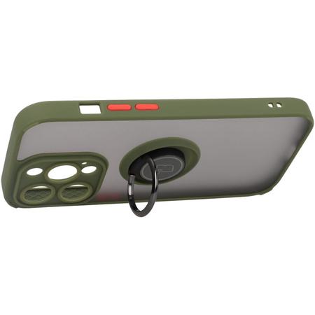 Etui z uchwytem na palec Bizon Case Hybrid Ring do iPhone 14 Pro, przydymione z zieloną ramką