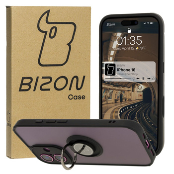 Etui z uchwytem na palec Bizon Case Hybrid Ring do iPhone 16, przydymione z czarną ramką