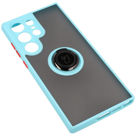 Etui z uchwytem na palec Bizon Case Hybrid Ring do Galaxy S23 Ultra, przydymione z jasnoniebieską ramką