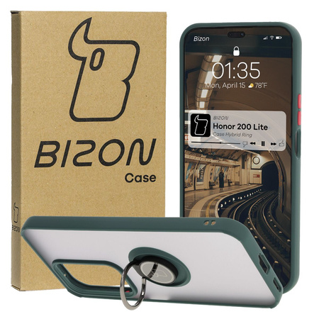 Etui z uchwytem na palec Bizon Case Hybrid Ring do Honor 200 Lite, przydymione z ciemnozieloną ramką