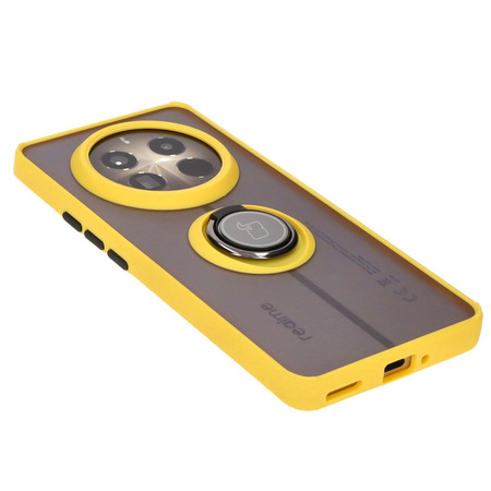 Etui z uchwytem na palec Bizon Case Hybrid Ring do Realme 12 Pro / 12 Pro+, przydymione z żółtą ramką