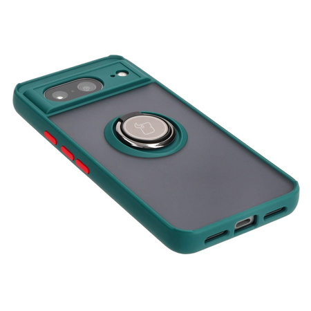 Etui z uchwytem na palec Bizon Case Hybrid Ring do Google Pixel 8, przydymione z ciemnozieloną ramką